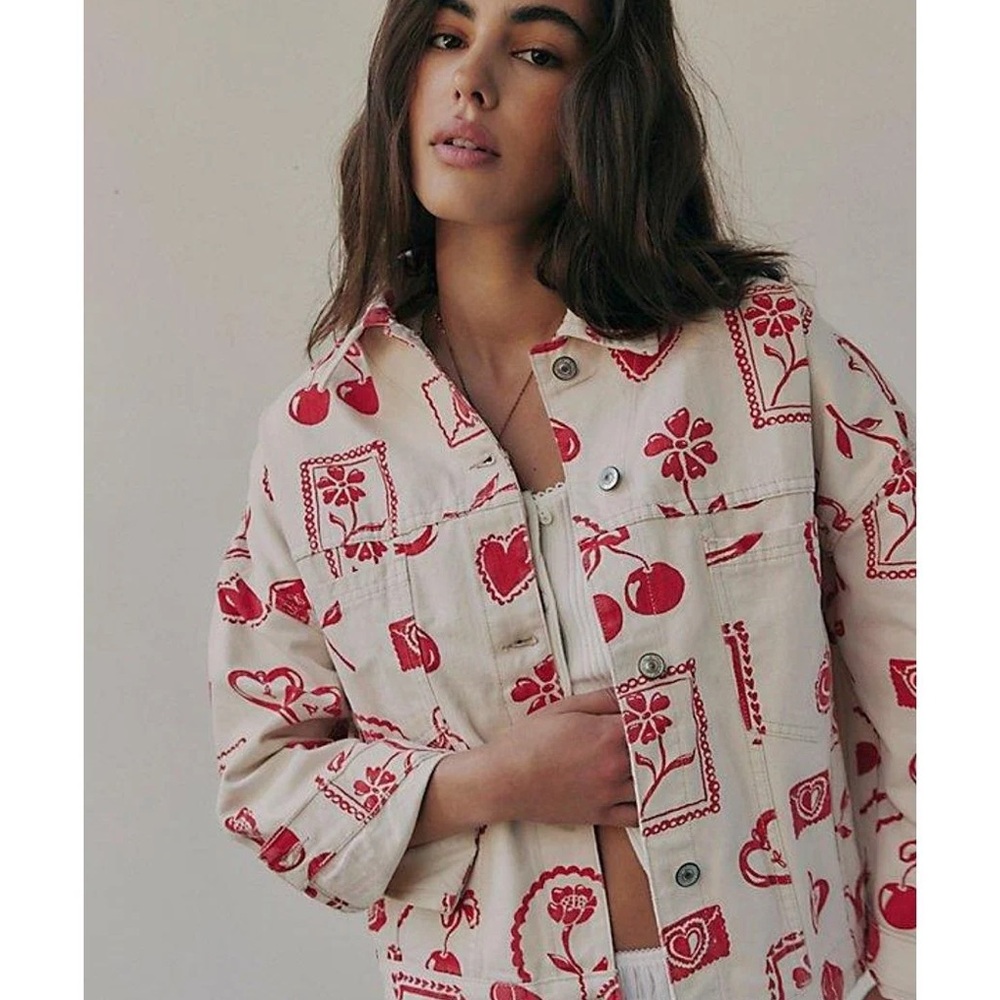 Free People Cream Jacket with Red Cherry & Heart Print